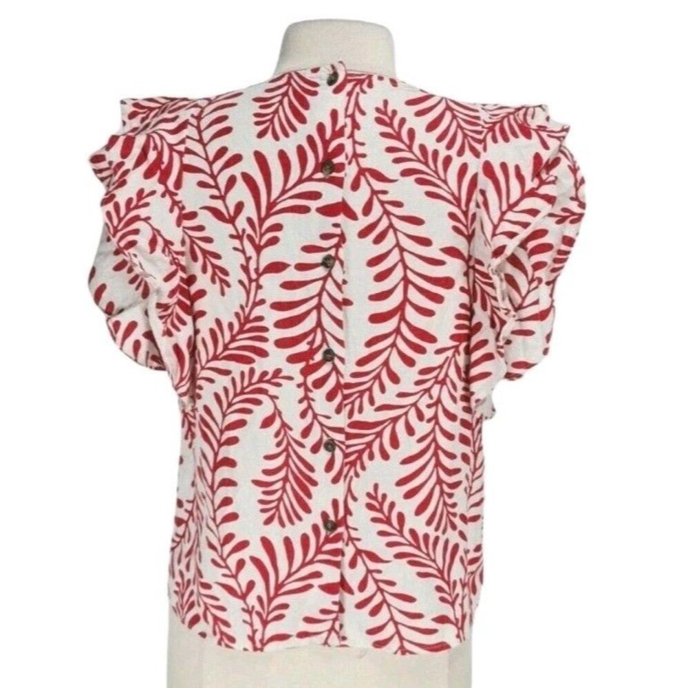 Who What Wear Floral Blouse Ruffle Sleeve Crew Neck Back Button Linen Blend L - Picture 4 of 10